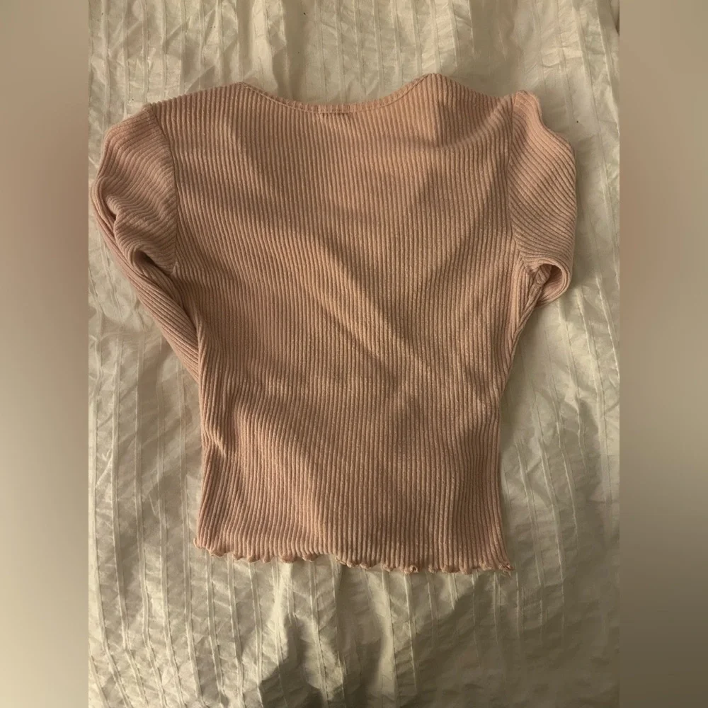 Heart & Hips S Pink Ribbed Balletcore Long Sleeve Blouse Top W/ Lettuce Hem